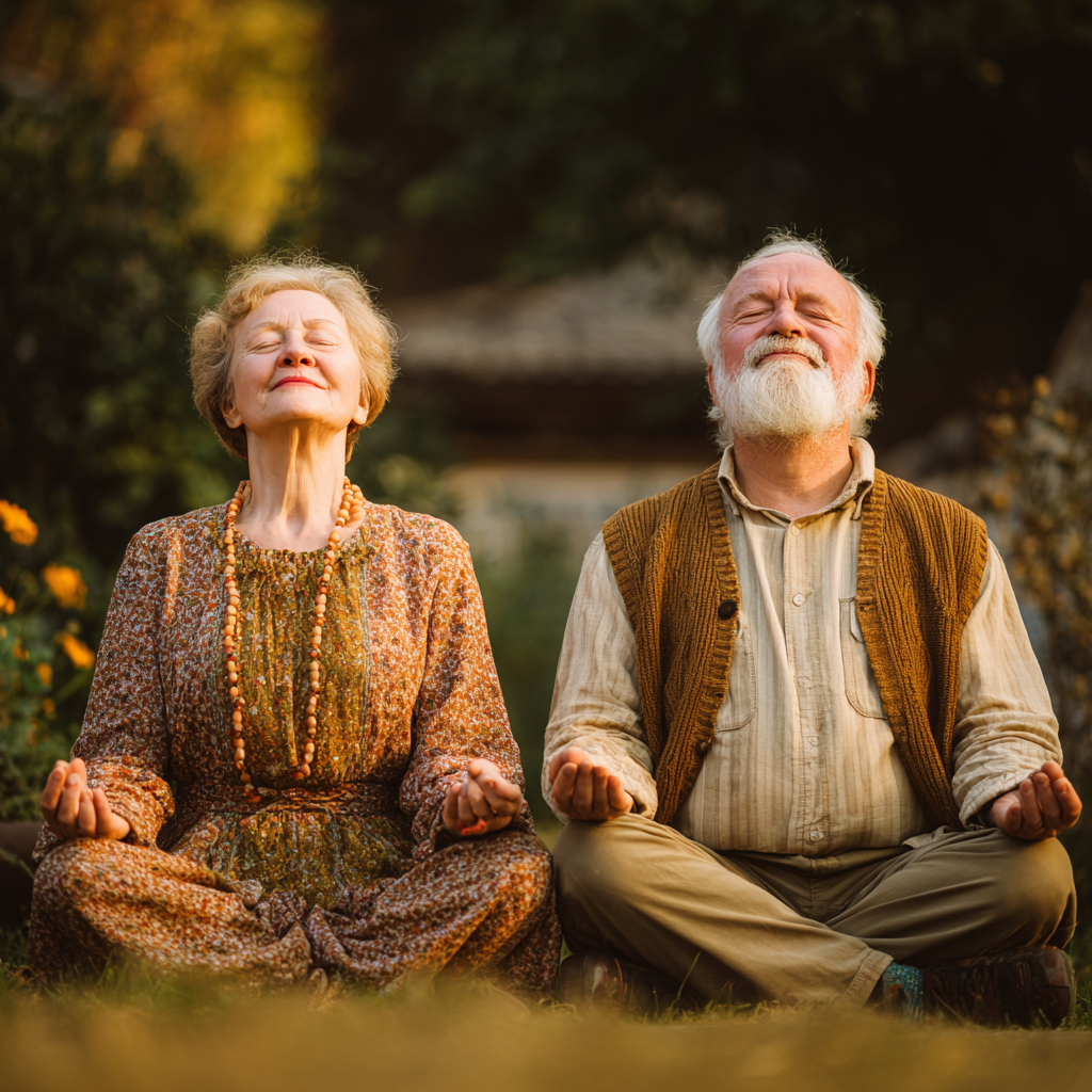Serene middle-aged Ukrainian woman practicing yoga meditation pose in peaceful natural setting with soft morning light