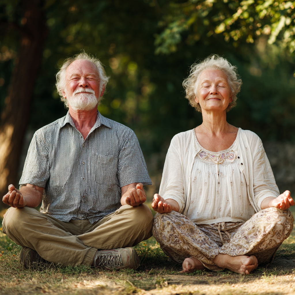 Elderly Ukrainian man in peaceful yoga pose at sunrise in natural outdoor setting with calm expression and centered posture